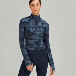 Lululemon Its Rulu Run Cropped Half-Zip, Heritage Speckle Camo Navy, Size 6